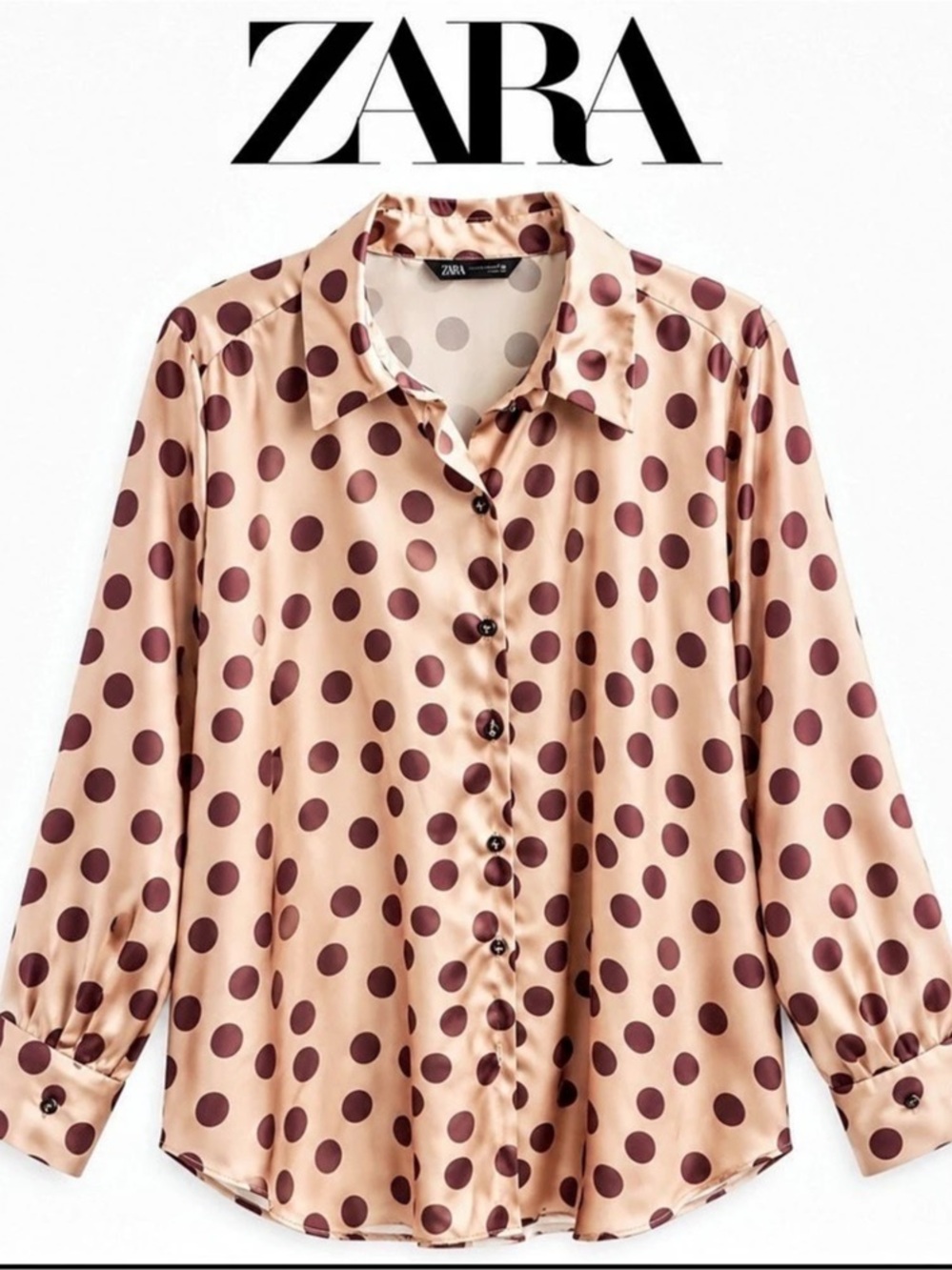Zara Polka Dot Blouse in Cream & Brown Satin Effect Chocolate ZARA Button Down